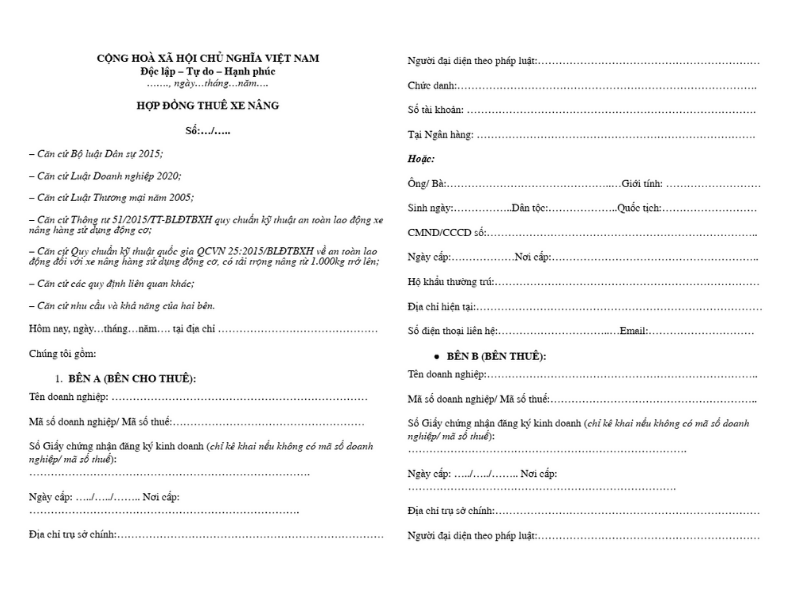 Hợp đồng nguyên tắc xe nâng người